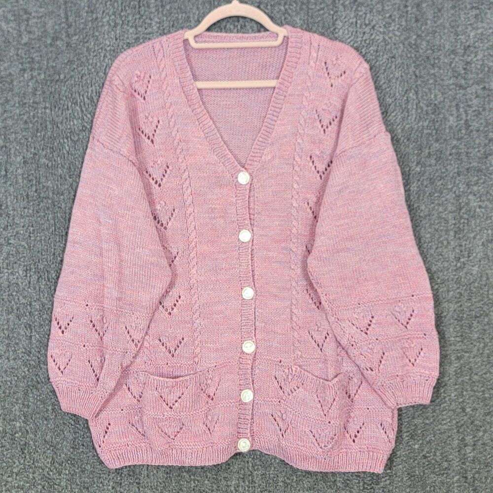 Handmade Crochet Cardigan Sweater Womens L Pink Long Sleeve Knit With Pockets